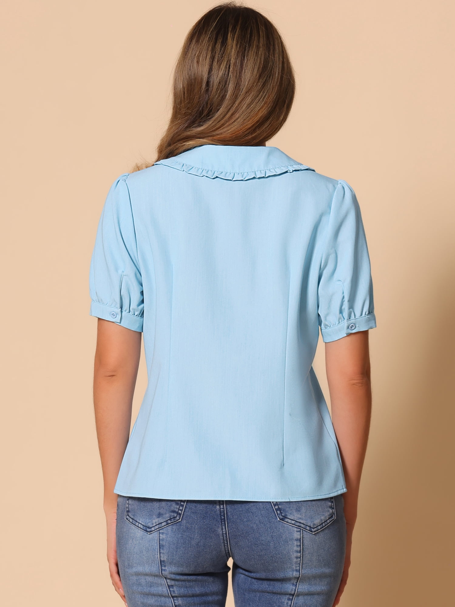 DARING DIVA Women's Peter Pan Collar Puff Sleeve Denim Blouse M Beau Blue