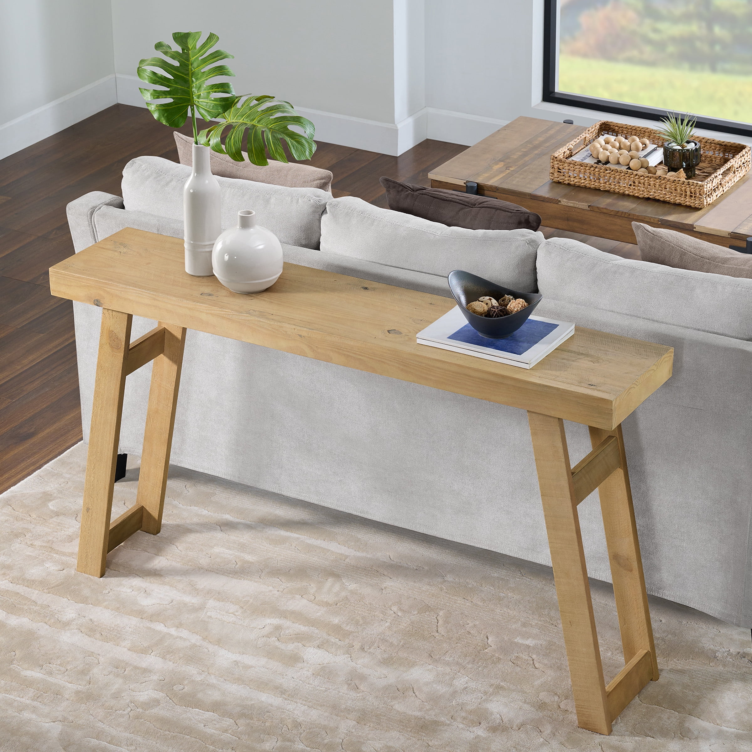 Alaterre Furniture Lawas Solid Wood Console Table - 56 Inch Modern Farmhouse Entryway Table, Light Oak