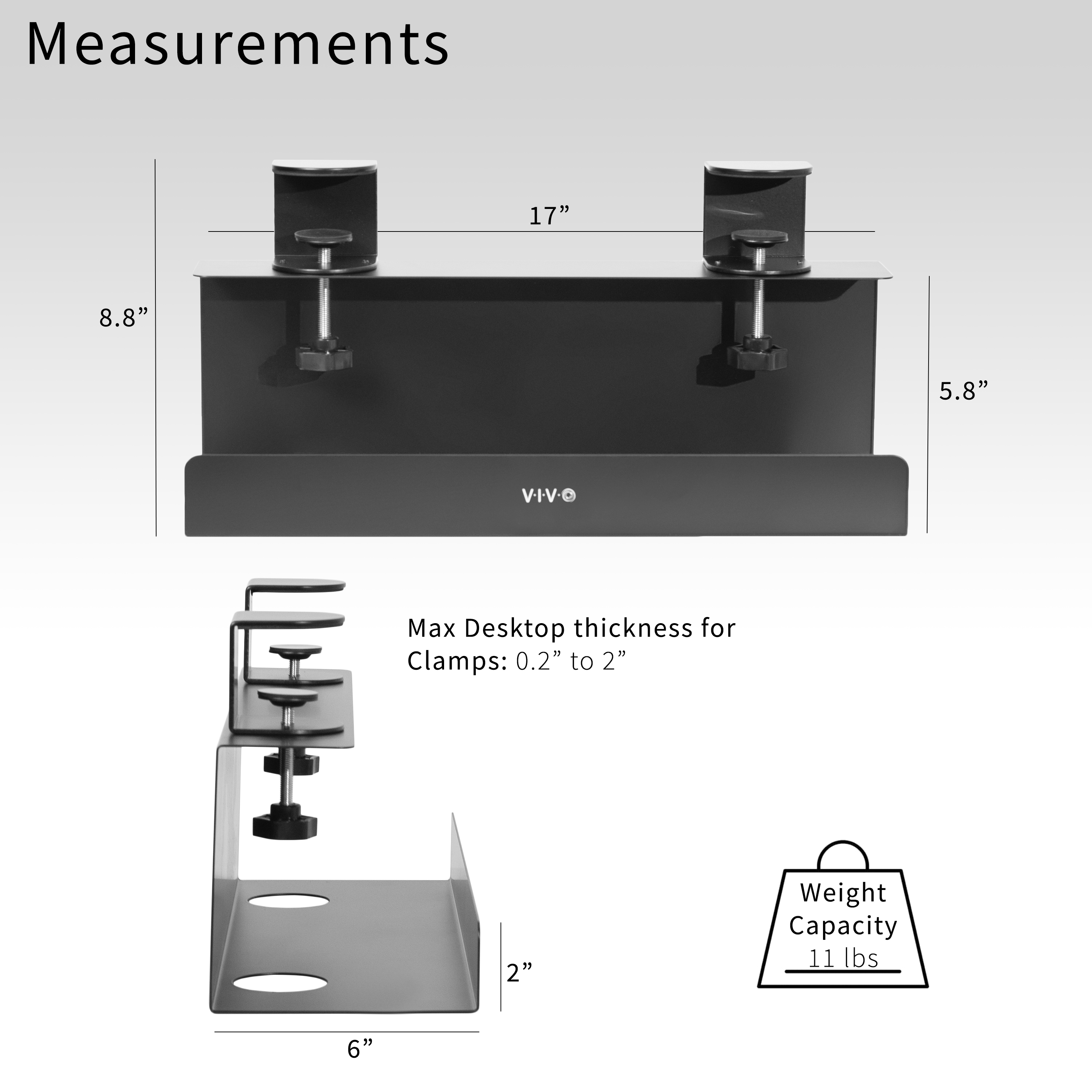 VIVO Black 17 inch Clamp-on Cable Management Power Strip Tray System for Desk