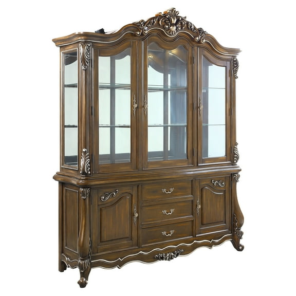 Acme Latisha Wooden Hutch and Buffet with Glass Doors in Antique Oak Dining Room Furniture
