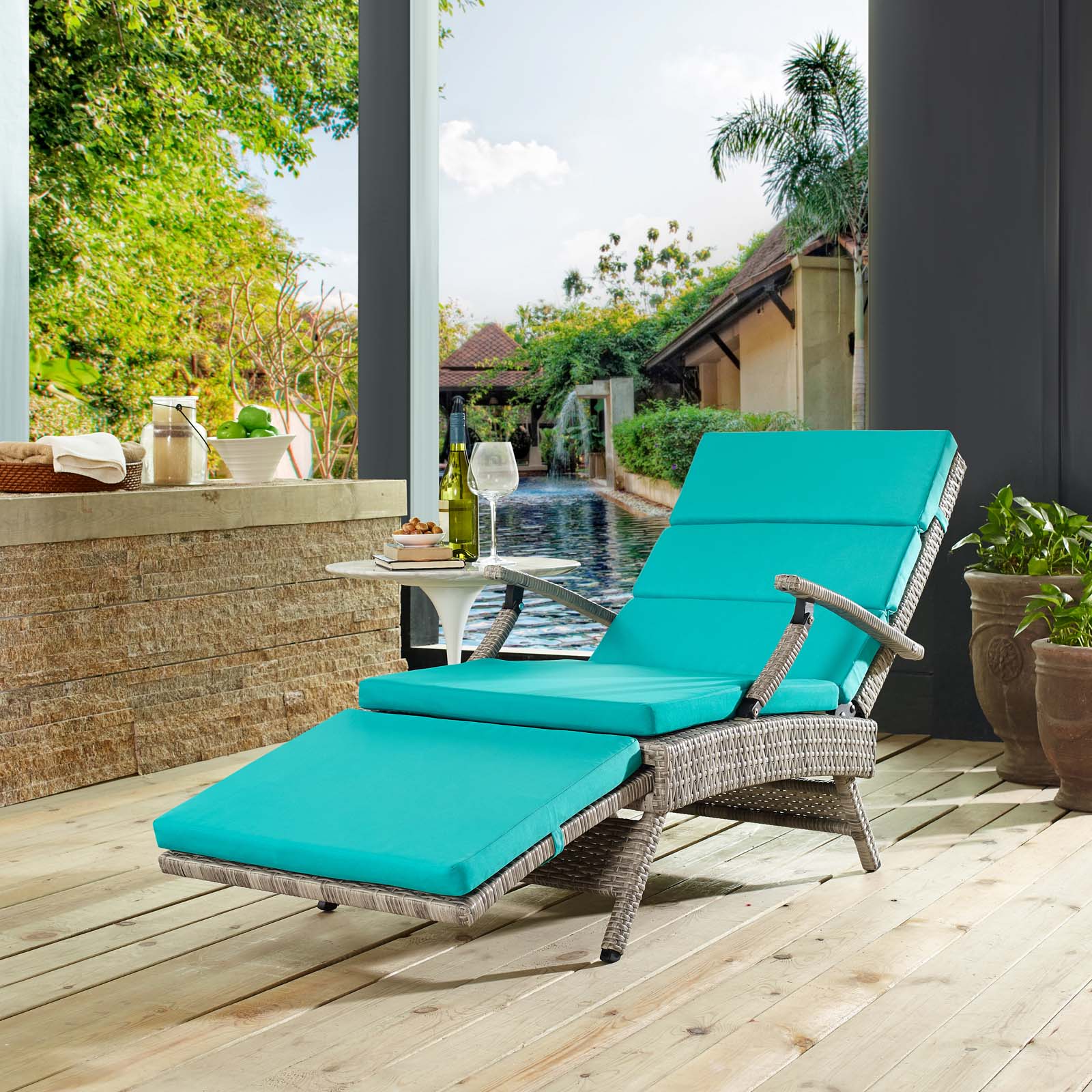 Contemporary Modern Urban Designer Outdoor Patio Balcony Garden Furniture Lounge Chair Chaise, Fabric Rattan Wicker, Blue - image 2 of 9