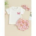 thumbnail image 2 of Infant Baby Girls Shorts Set, Short Sleeve Butterfly Print T-shirt Flower Print Shorts Headband Outfit, 2 of 8