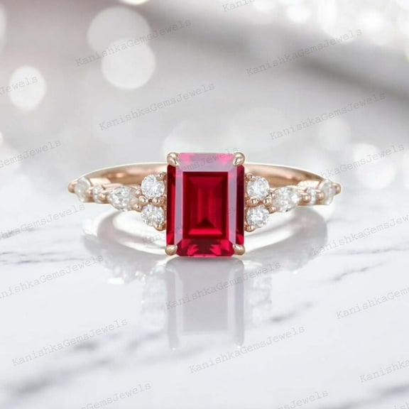 KANISHKAGEMS&JEWELS 2Ct 8x6mm / Emerald Cut Ruby Ring Engagement Ring For Women CZ Diamond Personalized Jewelry Birthday Gift For Her July Birthstone Ring
