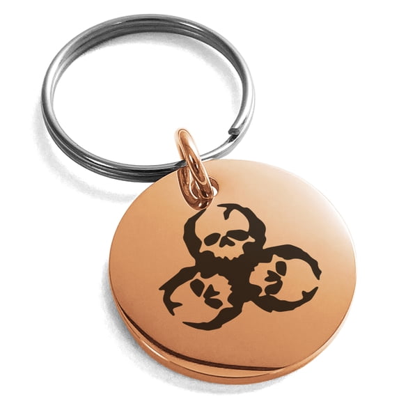 Stainless Steel Zombie Skull Biohazard Engraved Small Medallion Circle Charm Keychain Keyring