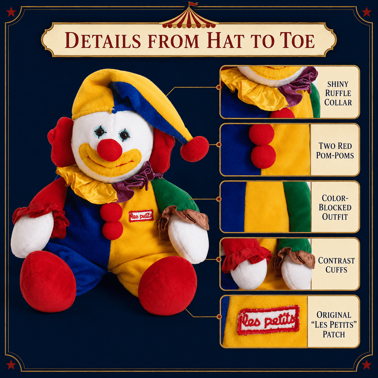 Applause Les Petits Marcel Circus Clown Plush, Multicolor Jester Stuffed Doll with Pom Pom Details and Ruffle Collar for Collectors, Shelf Decor and Gift Giving