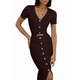 thumbnail image 3 of Women'S 2025 Fall Fashion Midi Sweater Dress Casual V-Neck Short Sleeve Ribbed Knit Winter Slim Fit Dress Brown L, 3 of 8