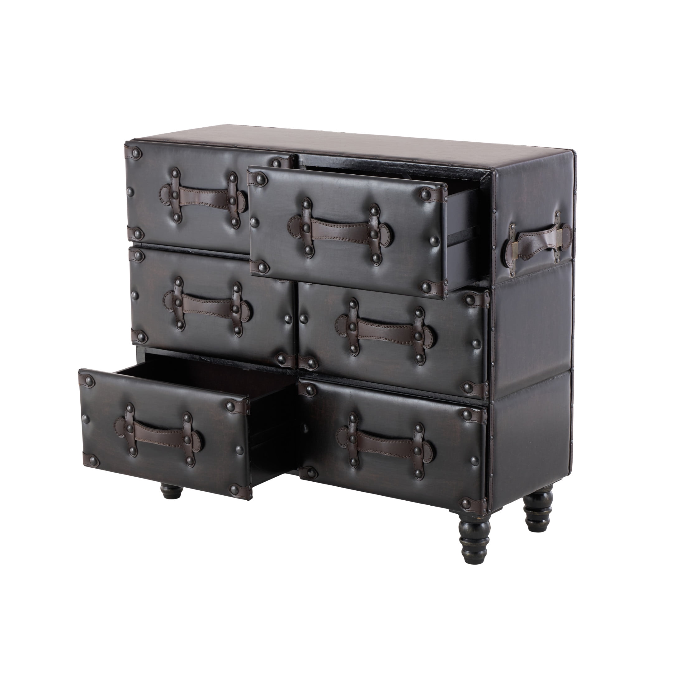 DecMode 32" x 28" Black Wood Vintage Faux Leather Chest with Rivets and Straps Detailing, 1-Piece