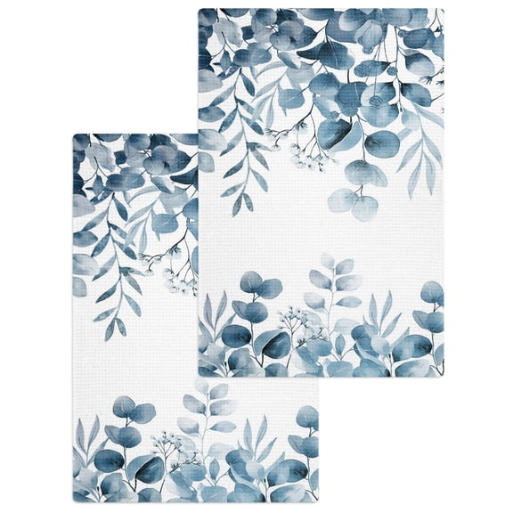 Blue Green Eucalyptus Leaves Kitchen Dish Towels for Drying Dishes Set of 2, Spring Summer Botanical Waffle Weave Microfiber Hand Tea Bathroom Towels Quick Dry & Absorbent Towel 15.7x23.6
