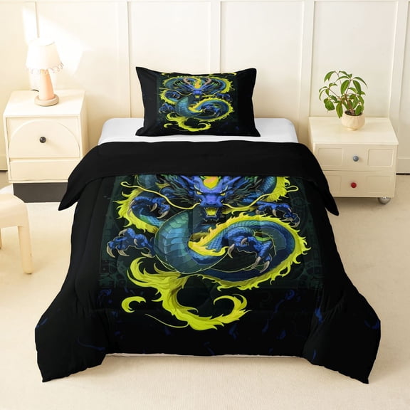 Homewish Traditional Dragon Twin Comforter Sets,Retro Animal Bedding Set,Yellow Blue,Black Reversible,2 Pieces,1 Comforter and 1 Pillowcase