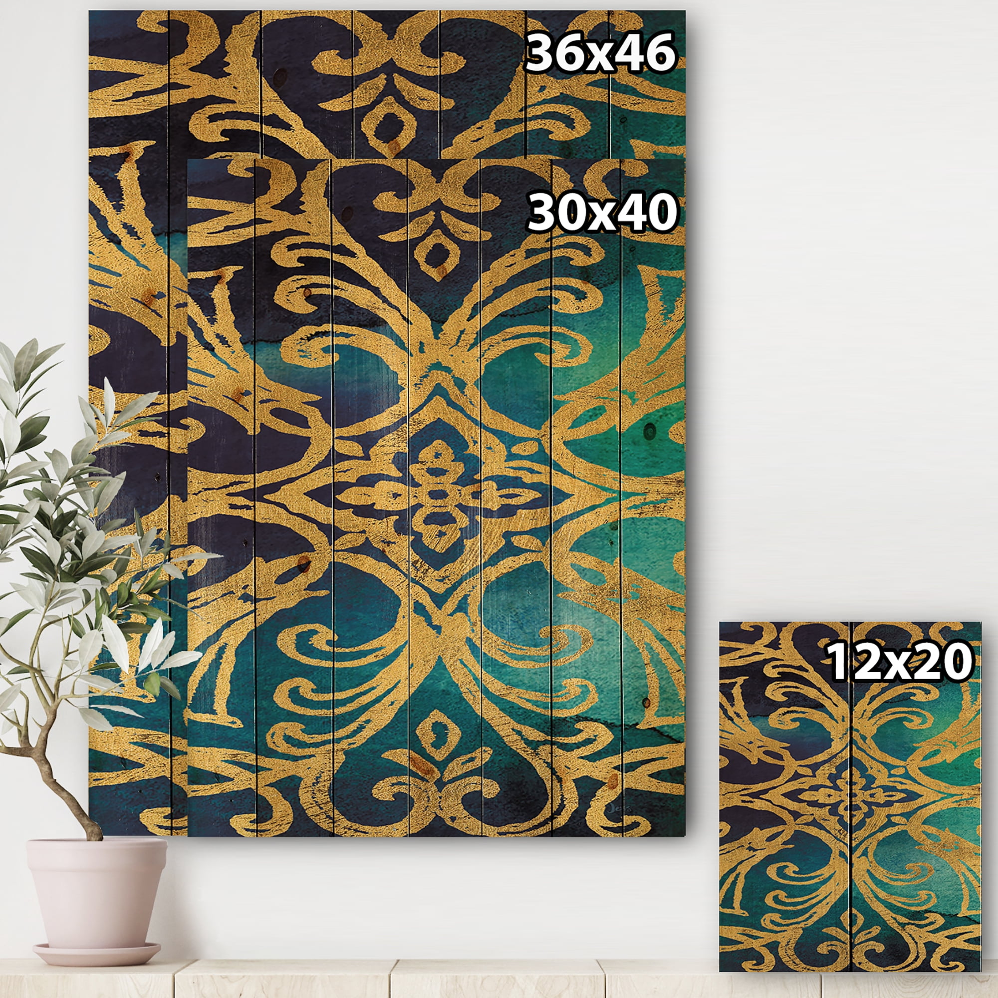 Designart 'Metallic Glam Gold Indigo Form I' Transitional Print on Natural Pine Wood