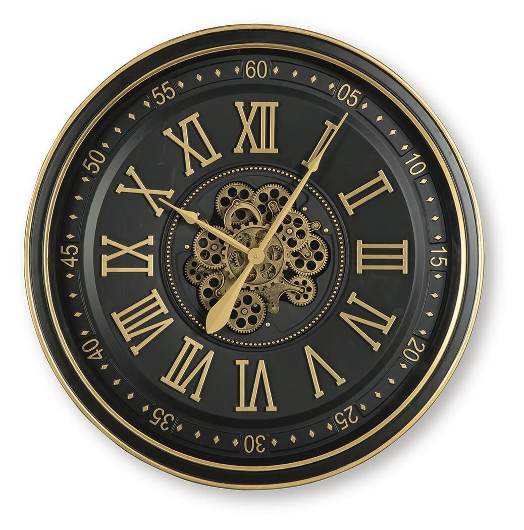 Signature Design by Ashley Dairton Wall Clock, Black & Gold Finish, Industrial Gear Design, Roman Numerals, 32-Inch Round