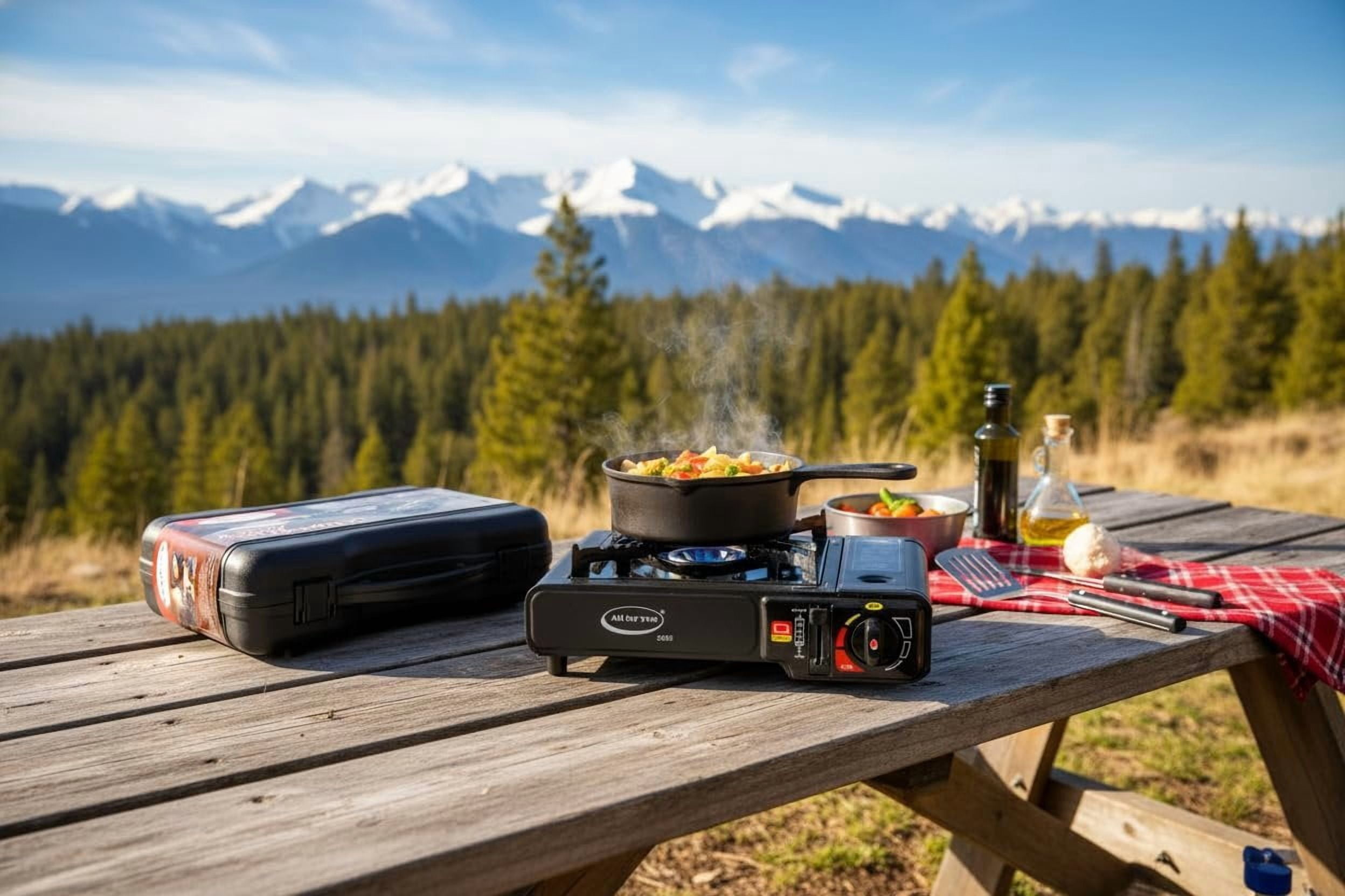 J&V TEXTILES Portable Gas Stove, Single Burner, Black, 2.2KW, CSA Certified, Temperature Control with Indicator Light, Easy to Clean, with Carrying Case