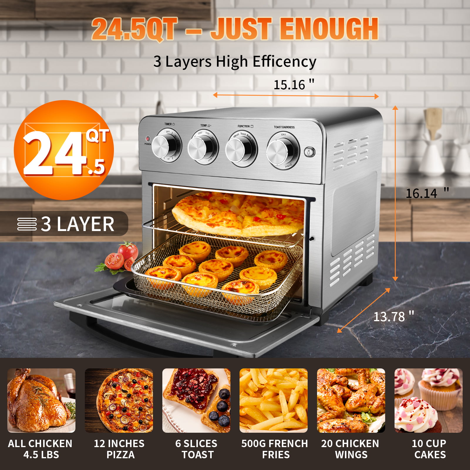 Holiday Clearance! Geek Chef Air Fryer Oven , Countertop Toaster Oven,  3-Rack Levels, 4 mechinical knobs，Black housing with single glass door(24  QT
