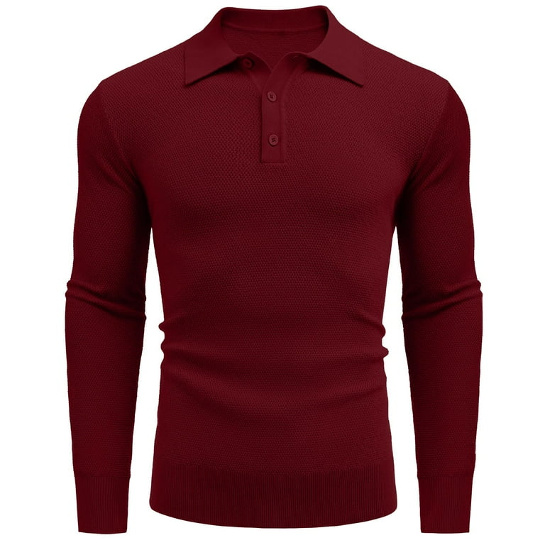 Mens Knit Polo Shirts Long Sleeve Casual Polo Sweaters Shirt Waffle Textured Collared Sweater Red XL Walmart