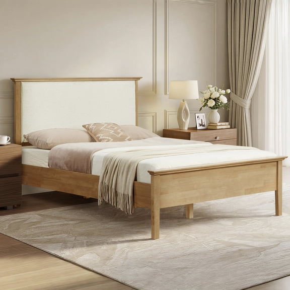 ReNest Modern Farmhouse Upholstered Queen Bed with Boucle Fabric, Solid Rubberwood Frame, Walnut Legs, Cream