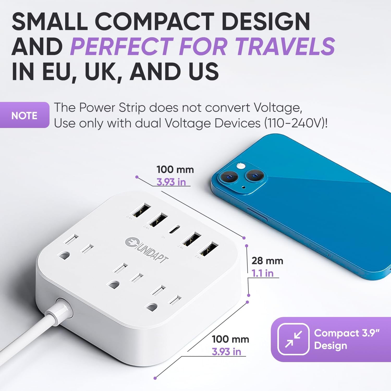 European Plug Adapter, US to UK Europe Power Strip for EU/UK/US with USB C and 4 USB Ports, 3 AC Outlets, Wall Mountable, 5ft Extension Cord, for Travel Cruise Ship Home