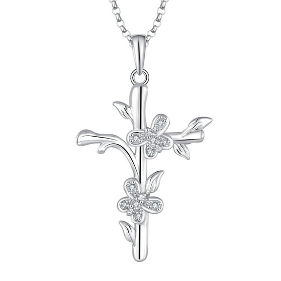 JO WISDOM Butterfly Cross Necklace 925 Sterling Silver Cross Pendant Necklace for Women with 5A Cubic Zirconia