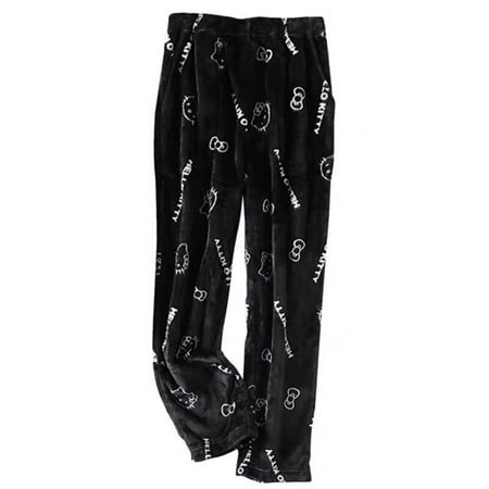 

Hot Sanrio Hello Kitty Pajamas Black Pink Anime Flannel Women Warm Woolen Whitecartoon Casual Home Pants Autumn Trousers Fashin
