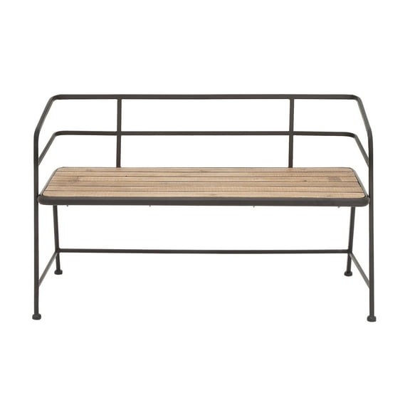 DecMode Metal Bench with Brown Wood Seat, Black