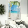 thumbnail image 3 of Turquoise Tapestry, Tropical Palm Trees on Island Ocean Beach Through White Wooden Windows, Wall Hanging for Bedroom Living Room Dorm Decor, 40W X 60L Inches, Blue Green and White, by Ambesonne, 3 of 5
