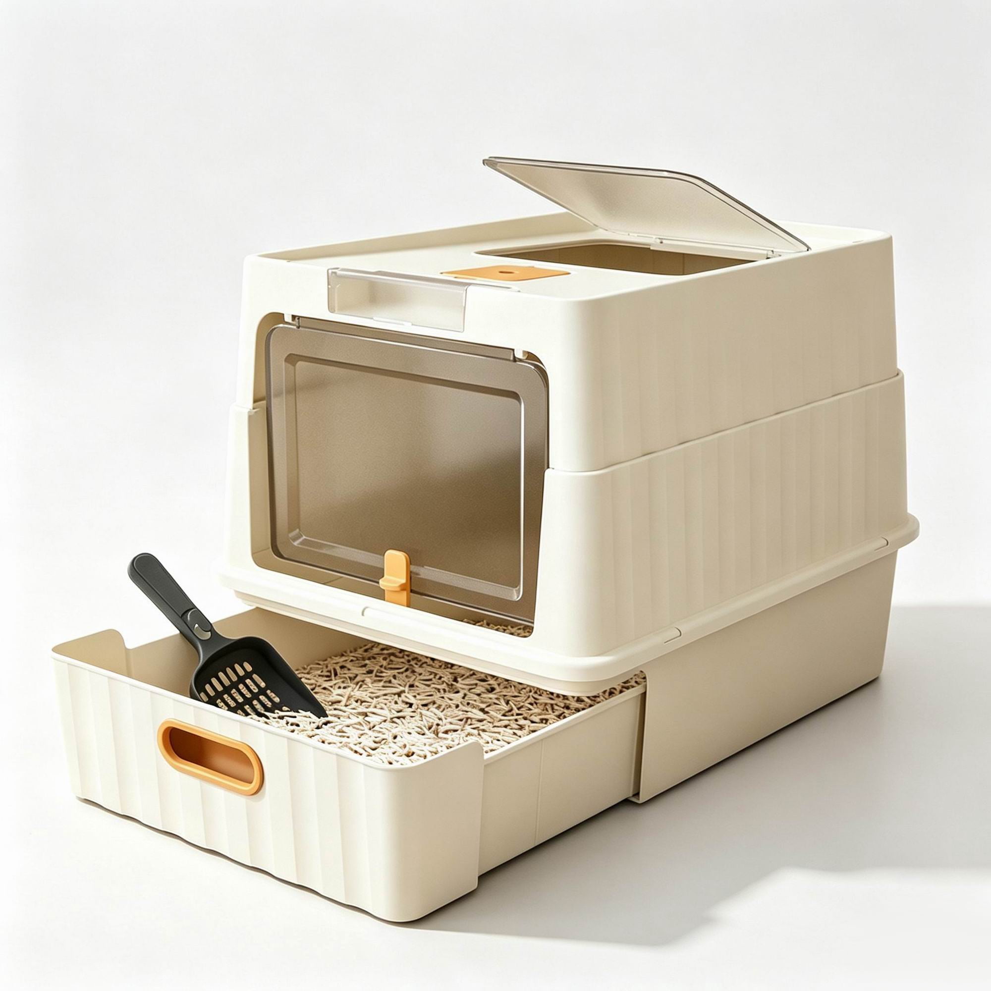 Simple Drawer-style Cat Litter Box with A Fully Enclosed Top Entrance Includes A Scoop and A Spacious Interior White