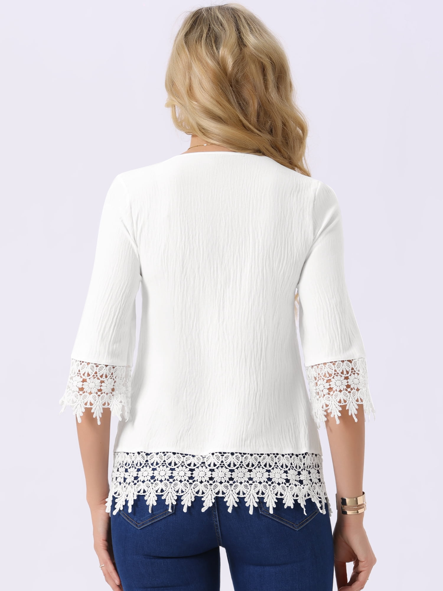 DARING DIVA Women's Casual V Neck 3/4 Sleeve Hallow Out Blouse S White