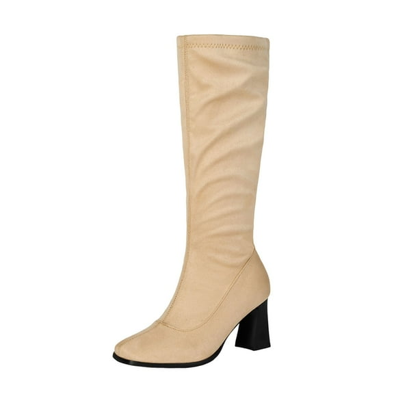 Xfvqtps Womens Knee High Boots with Buckle Thick Block Heel Stretch Slim Fit Fashion Winter Boots Pointed Toe Western Cowgirl Boots Beige