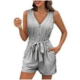 thumbnail image 2 of Haivin Women's Striped Sleeveless V-Neck Short Romper with Button Front and Pockets, Tie Waist, Casual Summer Jumpsuit for Daily Wear and Vacation, 2 of 6