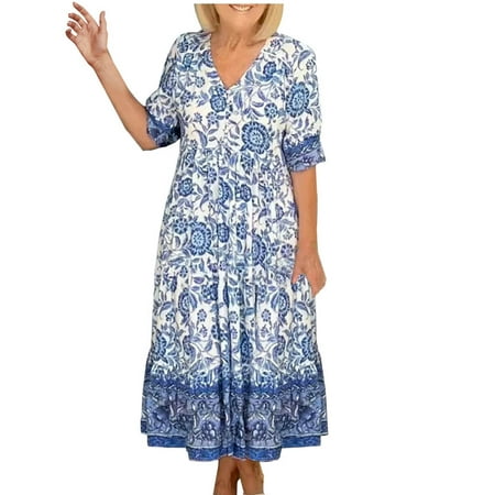 

YanHoo Womens Summer Vacation Dresses 2023 Short Sleeve V Neck Beach Dress Plus Size Casual Floral Print Long Dress