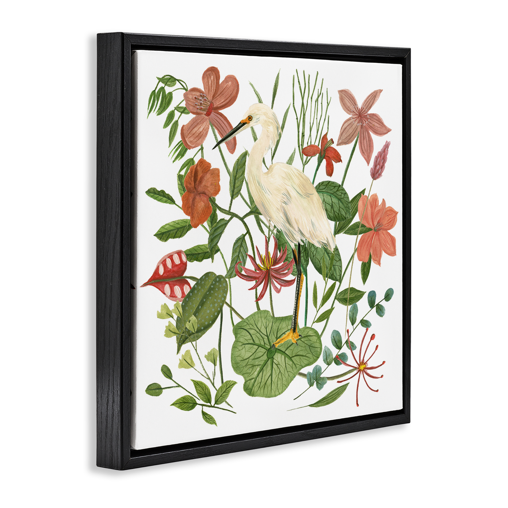 Stupell Industries Heron with Wild Florals Landscape Painting Black Floater Framed Canvas Art Print Wall Art, 25 x 25