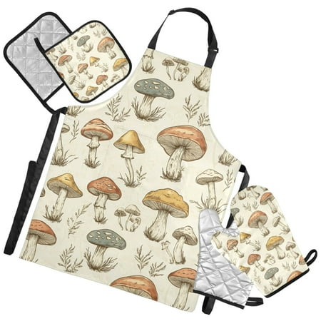 Ryvnso Retro Mushrooms Vintage Kitchen Apron Oven Mitts Set Pot Holders