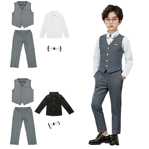 Kkkded Youth Kids 4 Piece Boys Formal Gentleman Suit Set with Vest Pants Dress Shirt and Tie Toddler Dresswear Outfit for Spring Fall 1-14 Years Old