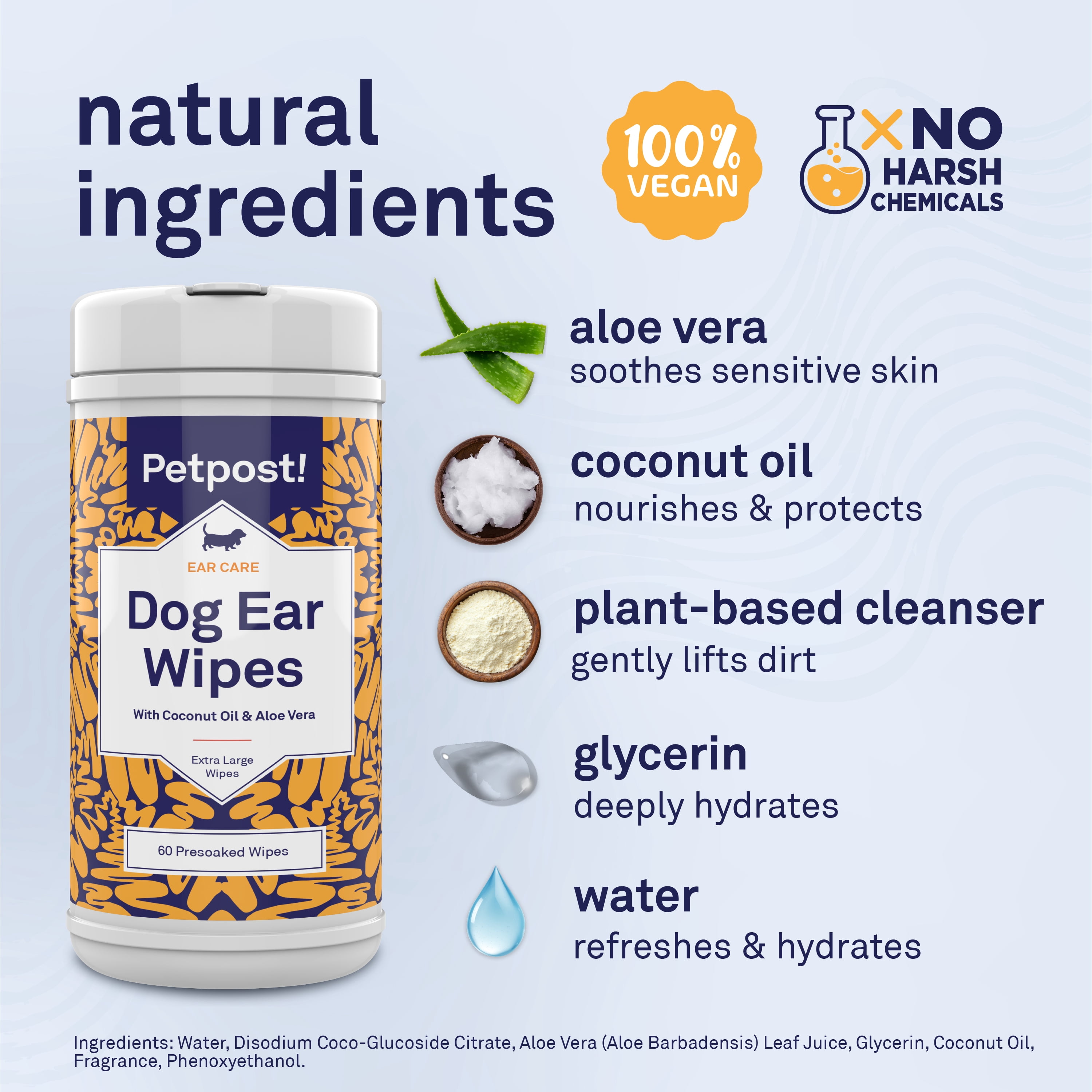 Petpost Large Dog Ear Cleaner Wipes - 60 XL Cotton Pads with Coconut Oil & Aloe Solution - Gentle Daily Cleanser for Wax, Dirt & Odor - Alcohol-Free, Vet-Approved
