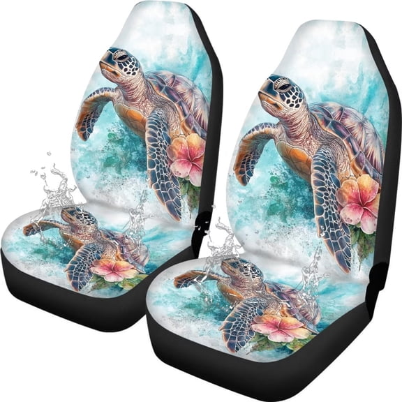 Yuyamidu Sea Turtle Car Cover Set 2 PCS Pink Hibiscus Car Bucket Seat Decoration Waterproof Automotive Interior Protection for Women Men