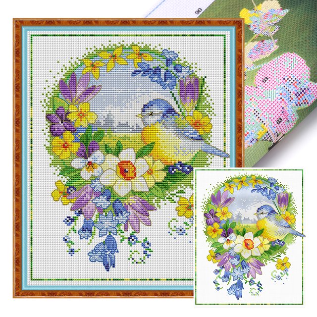 Bordado Hilo Algodón Ecológico 11CT Flores Y Pájaros Estampados1 Punto Cruz35x40cm