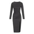thumbnail image 4 of Njoeus Women's Elegant Long Sleeve Ruched Midi Dress Casual Crew Neck Bodycon Split Cocktail Party Dresses, 4 of 6