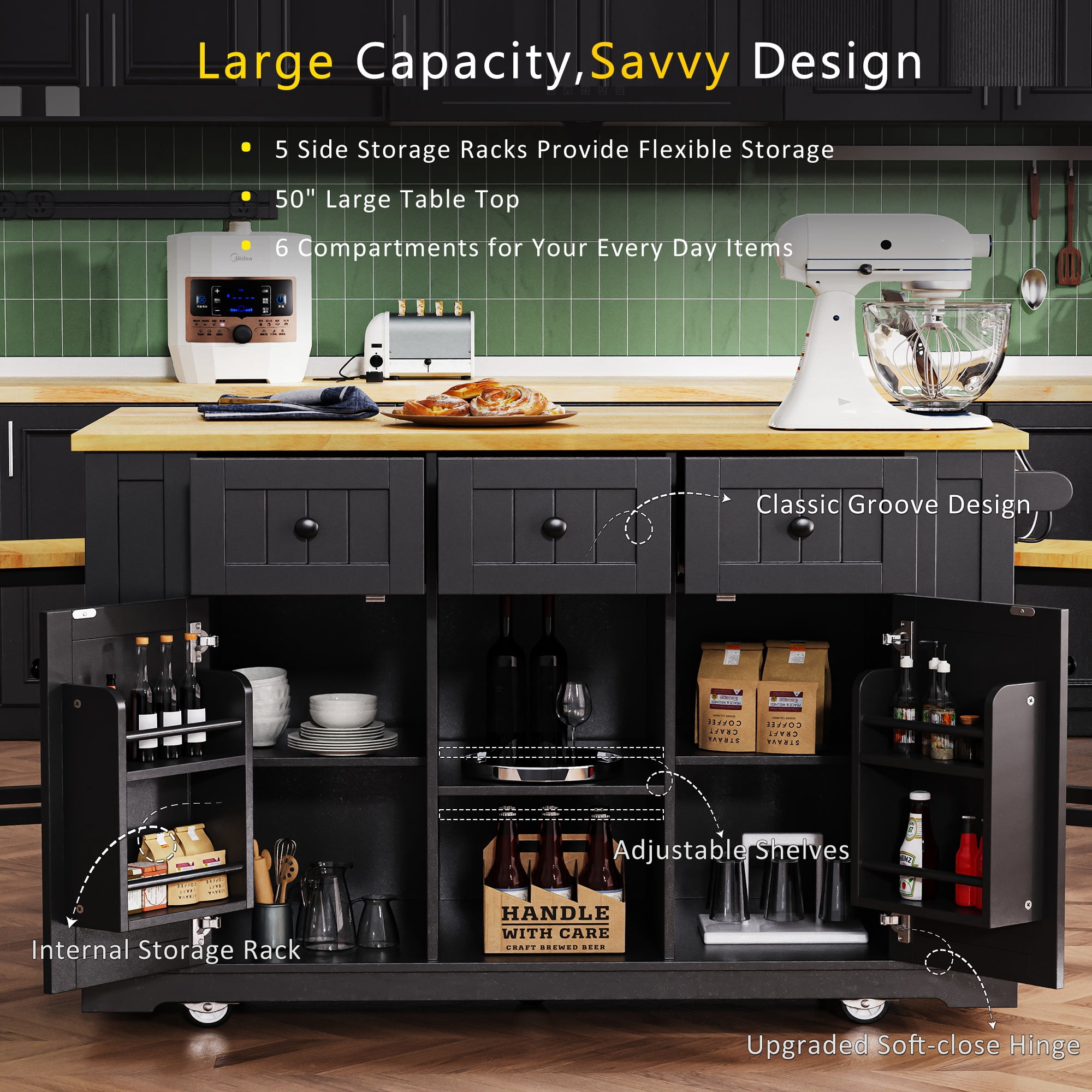 Kitchen Island Set Of 3, Rolling Kitchen Island Cart With 2 Bar Stools, Kitchen Island Table With 3 Drawers 2 Door Drop Leaf Power Outlet For Dining Room