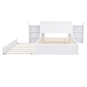 Euroco Full Size Wood Platform Bed with Trundle, Flexible 4-Tier Shelf in Headboard for Kids, White
