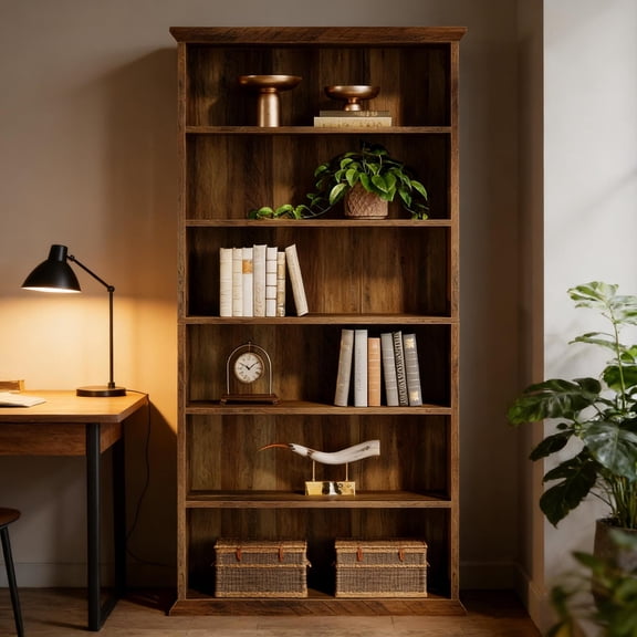 GDF Studio 74.9" Farmhouse Storage Cabinet with 6 Shelves, Tall Bookcase Display Cabinet for Living Room, Brown