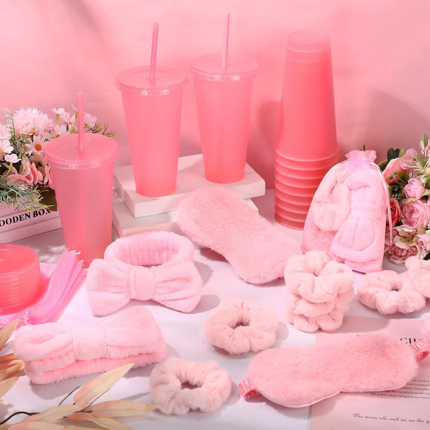 60 Pcs Spa Party Supplies Bulk Include 12 Bow Hairbands 12 Sleep Eye Mask 12 Hair Scrunchies 12 Glitter Cups 12 Organza Bag for Women Sleepover Slumber Spa Party Favor(Pink)