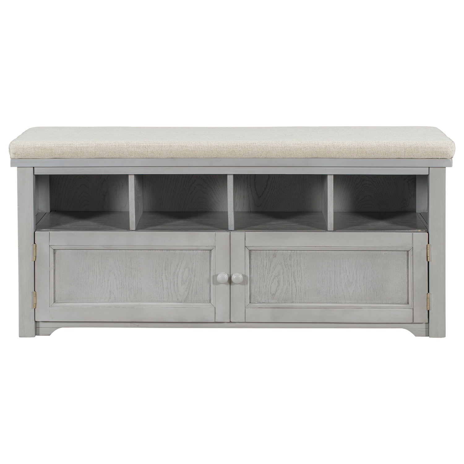 Kadyn Rustic Style Two-Door Storage Bench, Shoe Entryway Bench with Linen Upholstered Top Cushion, Pine Organizer Footrest Bench Ottoman for Entryway, Gray Wash Kadyn Rustic Style Two-Door Storage Bench, Shoe Entryway Bench with Linen Upholstered Top Cushion, Pine Organizer Footrest Bench Ottoman for Entryway, Gray Wash