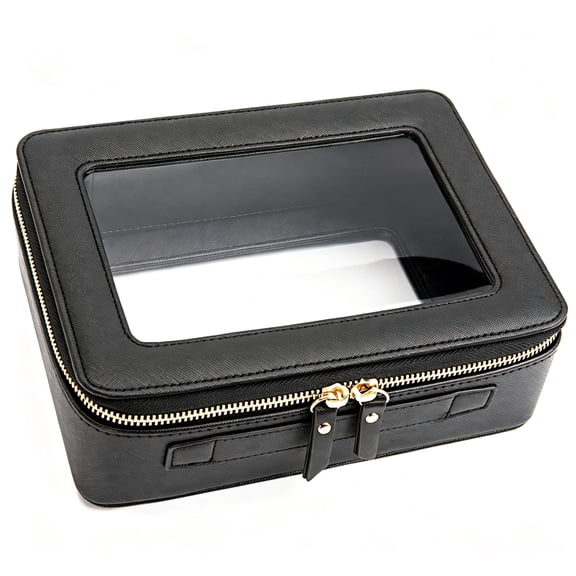 Clear Makeup Bag Organizer, Portable Travel Toiletry Cosmetic Bag Case for Women, Heavy Duty Clear Pouch with zipper with Transparent Vinyl Windows & Gold Zippers(Black)