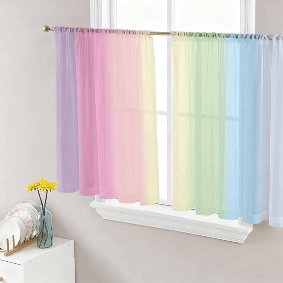 Rainbow Stripes Semi Sheer Window Curtains 45 Inches Long, Modern Colorful Cream Striped Aesthetics Rod Pocket Voile Silky Chiffon Curtain Light Filtering Drapes for Living Room, 52"x45", 2 Panels