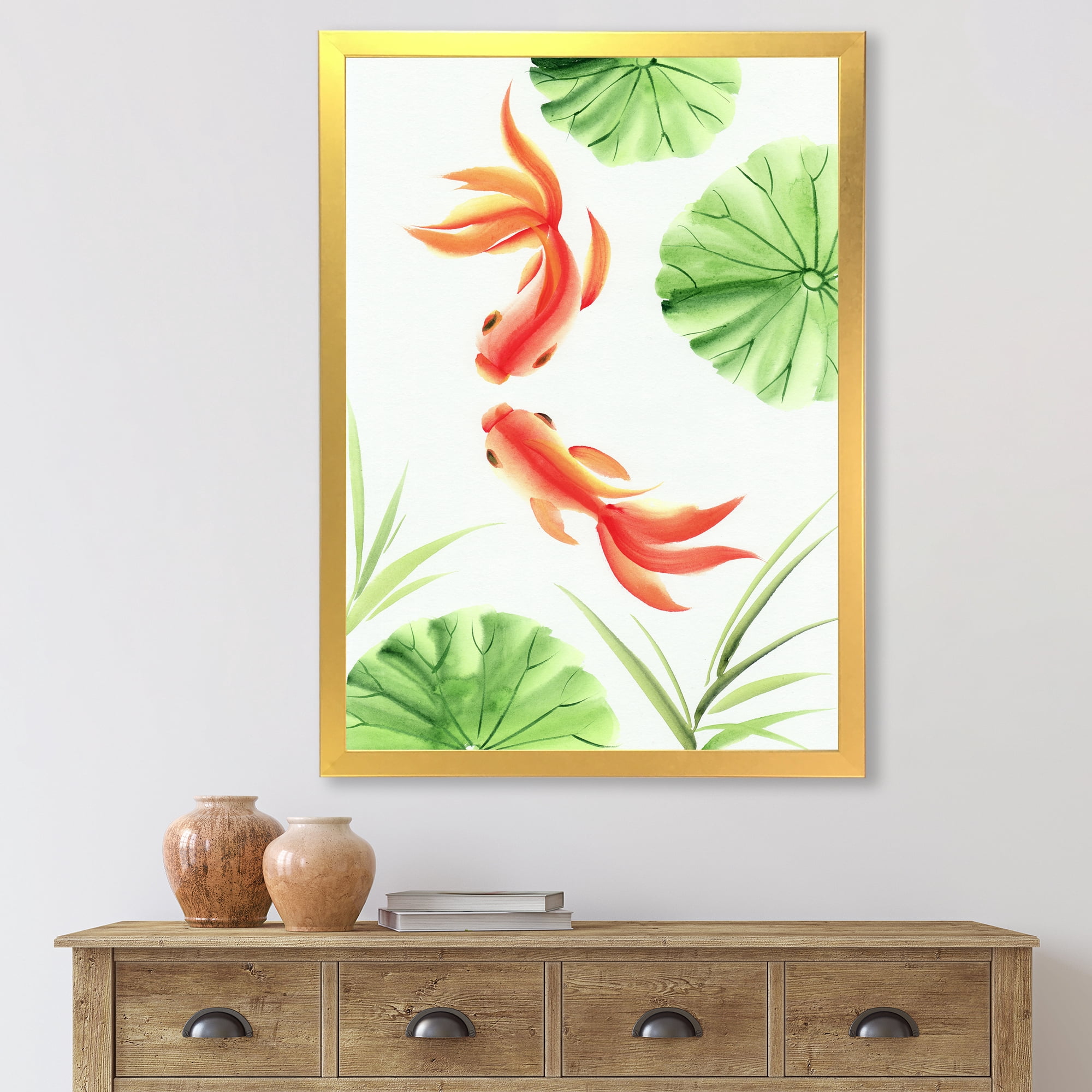 Designart 'The Lotus Leaves With Goldfishes' Nautical & Coastal Framed Art Print
