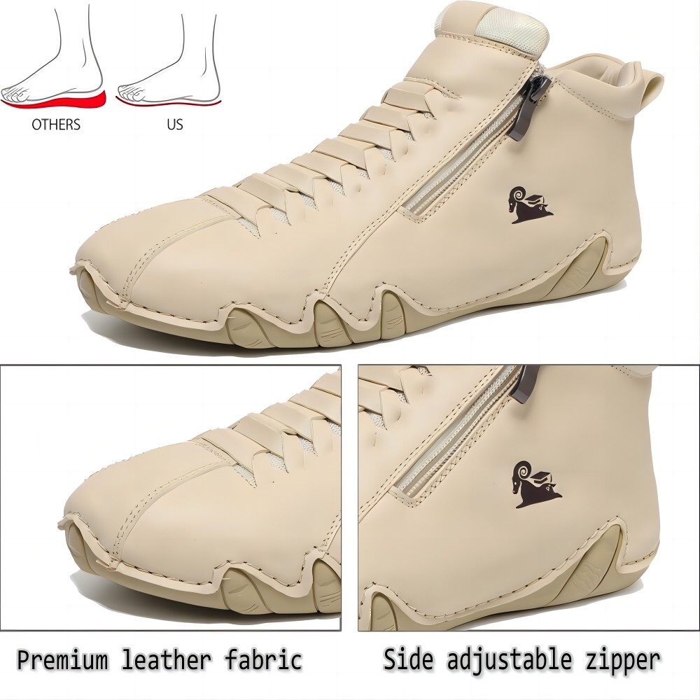 Men's Casual Loafers Leather Hand-stitched Lightweight Non-Slip Breathable Hiking Outdoor Soft Flat Boots Mid-Top Shoes Beige 9.5 US