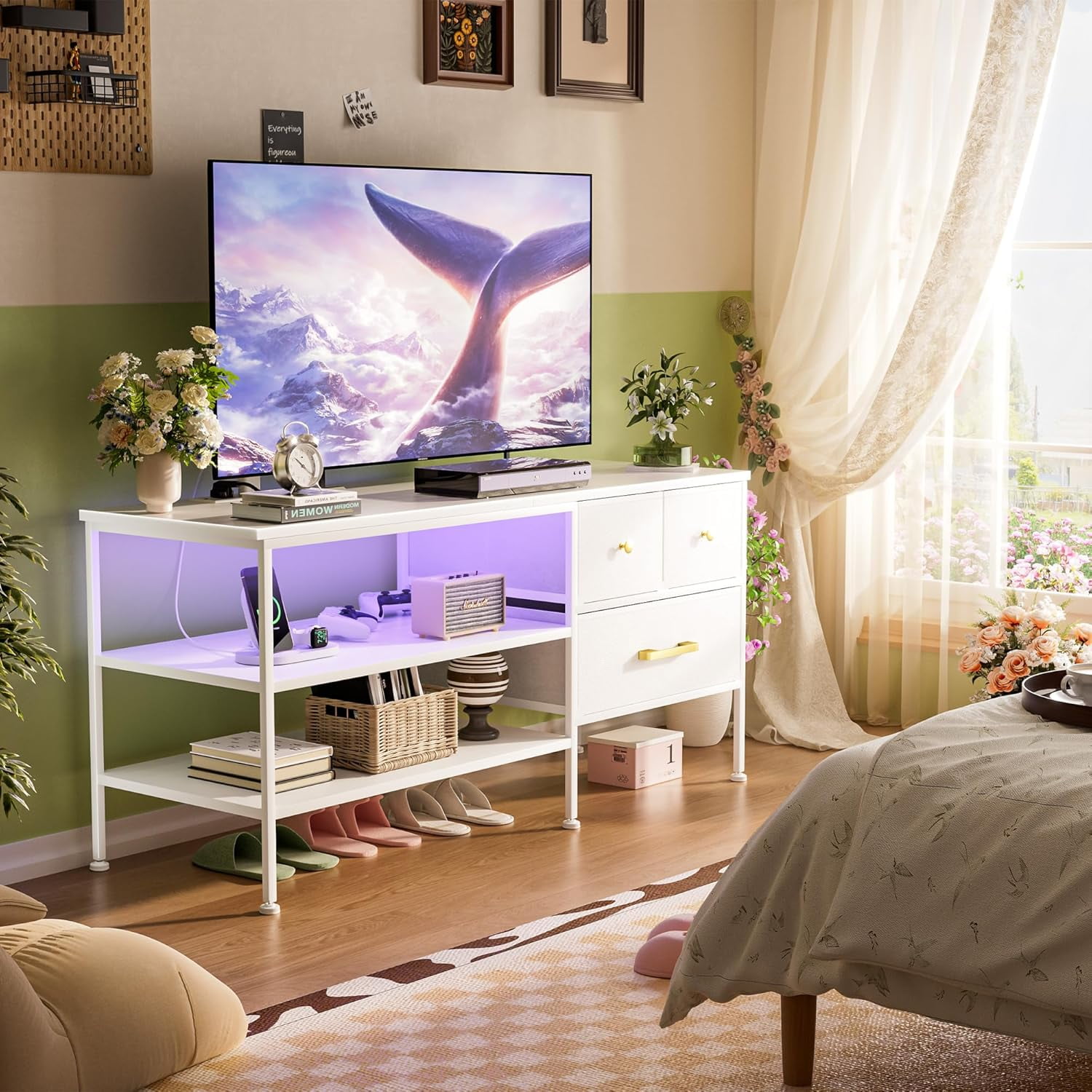 TV Stand with LED Lights & Power Outlet for 55 Inch TVs, Entertainment Center with 3 Storage Drawers and Shelves, TV Stands for Living Room and Bedroom, 50" TV Console, White