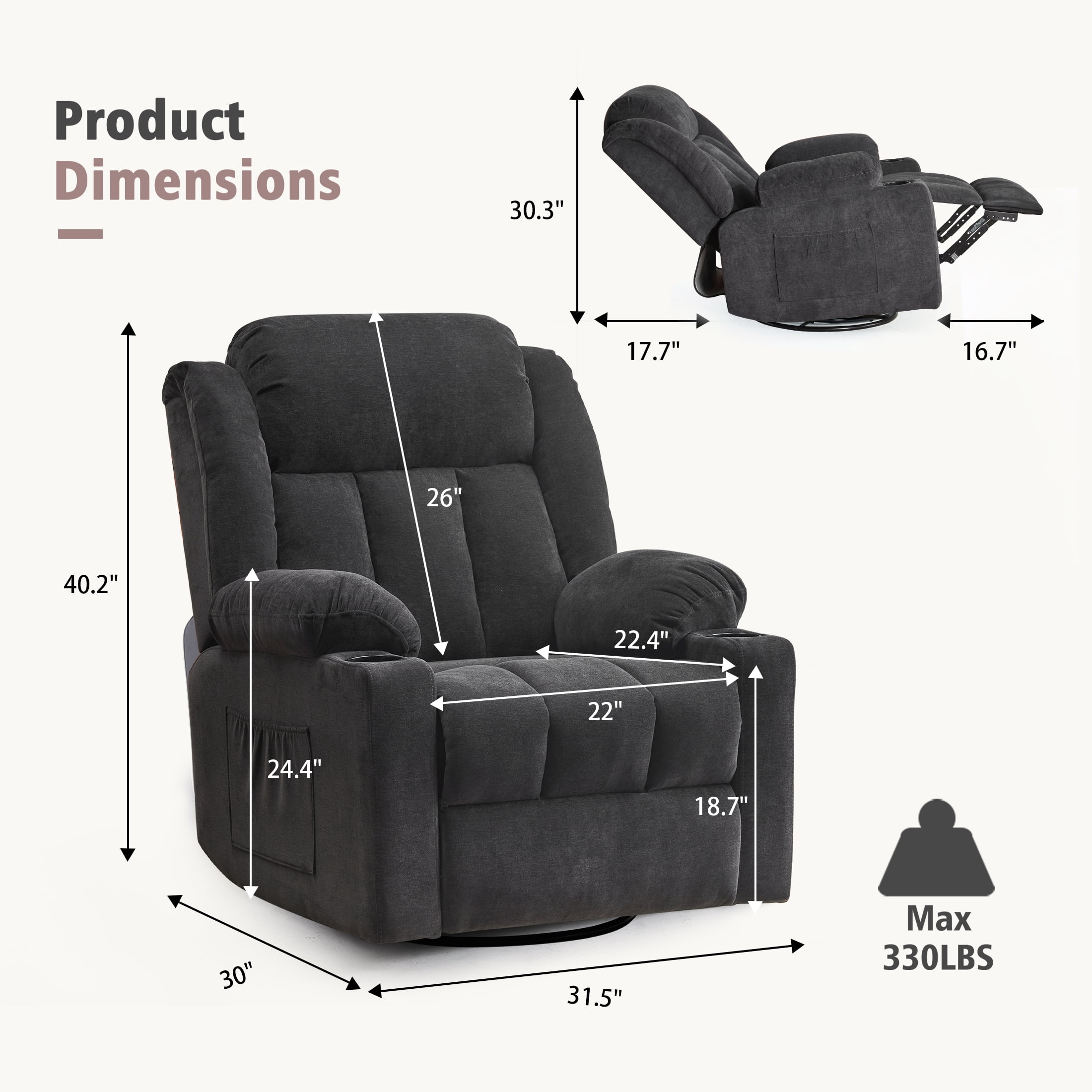 Sfxingyou Adult Fabric Solid Print Recliner Chair with Massage and Heat, Black Fabric