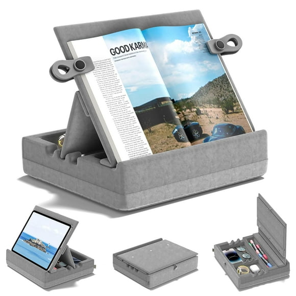 KDD Book Stand with Storage, Multi-Angle Viewing Reading Tablet Holder for Lap, Bed, Desk and Couch, Foldable I-pad Pillow Holder with Organizer Tray for B