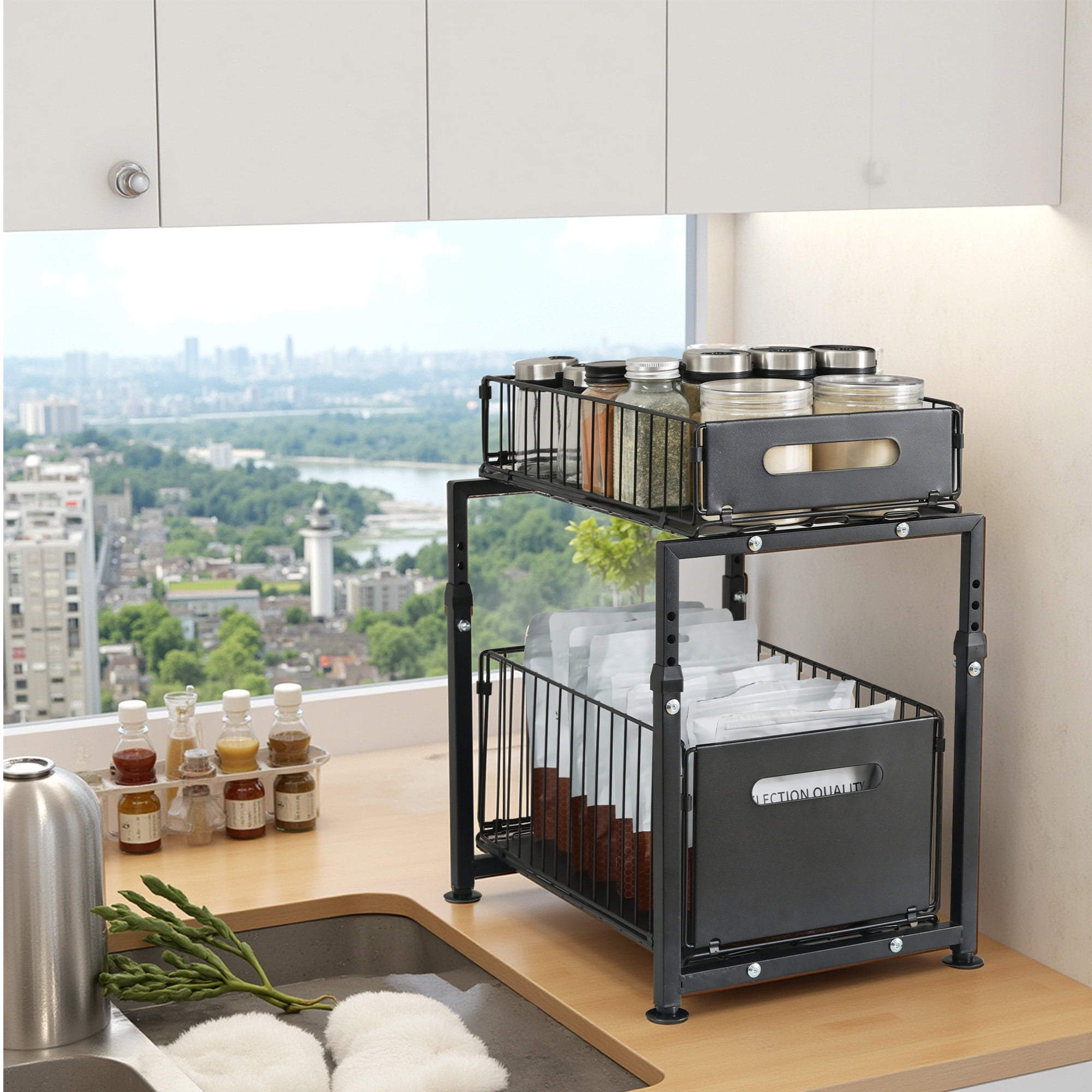 Storvive 2-Tier Under Sink Organizer, Carbon Steel Pull Out Cabinet Drawer, No-Drill Slide Out Storage for Kitchen Pantry Bathroom