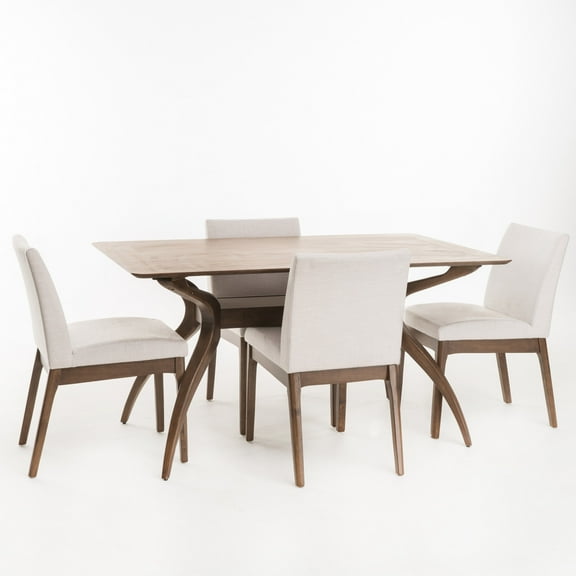 GDF Studio Hampton Mid Century Modern Fabric Upholstered 5 Piece Dining Set, Light Beige and Walnut